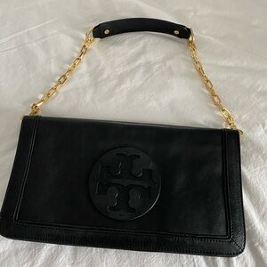 Tory Burch Black Leather Shoulder Bag with Gold Chain Strap